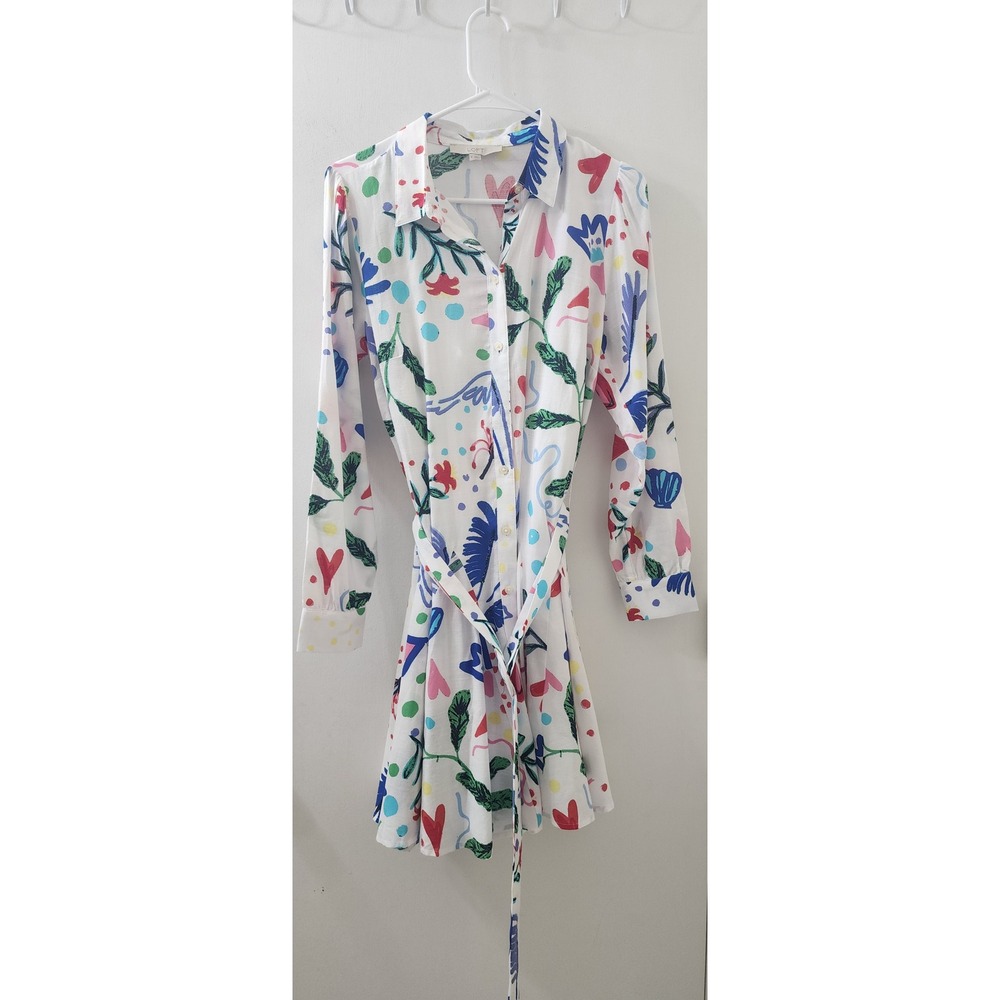 LOFT Womens‎ White Abstract Floral Heart Print Long Sleeve Belted Shirt Dress 6